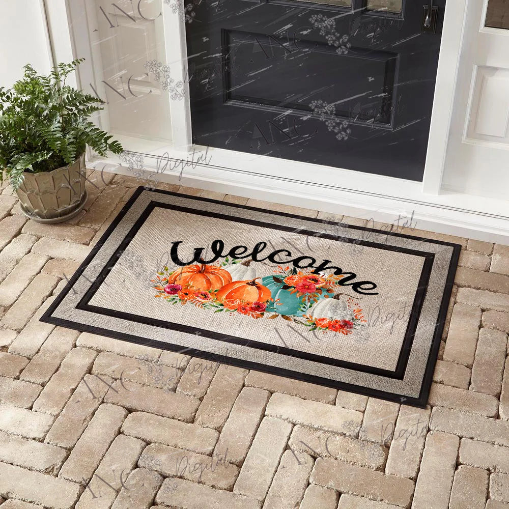 Fall Welcome Pumpkin Sublimation PNG, Autumn Porch Decor Design, Pumpkin Floral PNG, Doormat Towel Pillow Design