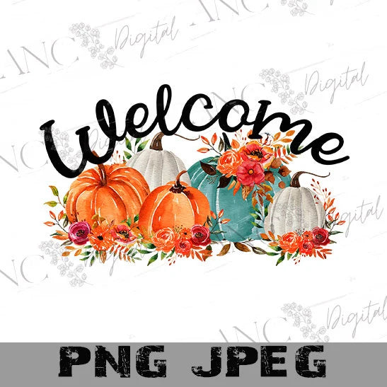 Fall Welcome Pumpkin Sublimation PNG, Autumn Porch Decor Design, Pumpkin Floral PNG, Doormat Towel Pillow Design