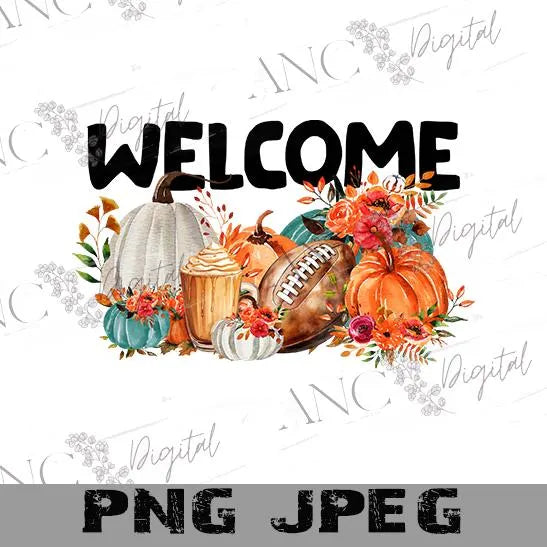 Fall Welcome Sublimation PNG, Pumpkin Football Floral Design, Autumn Porch Sign , doormat and much more. Digital Download
