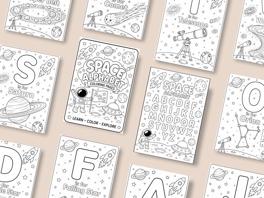 Space Theme Alphabet Coloring Pages. Digital Files
