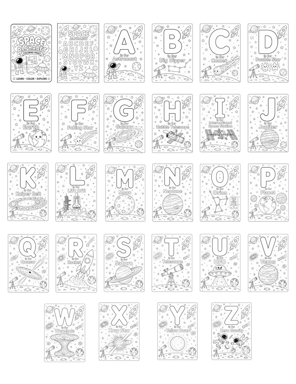 Space Theme Alphabet Coloring Pages. Digital Files
