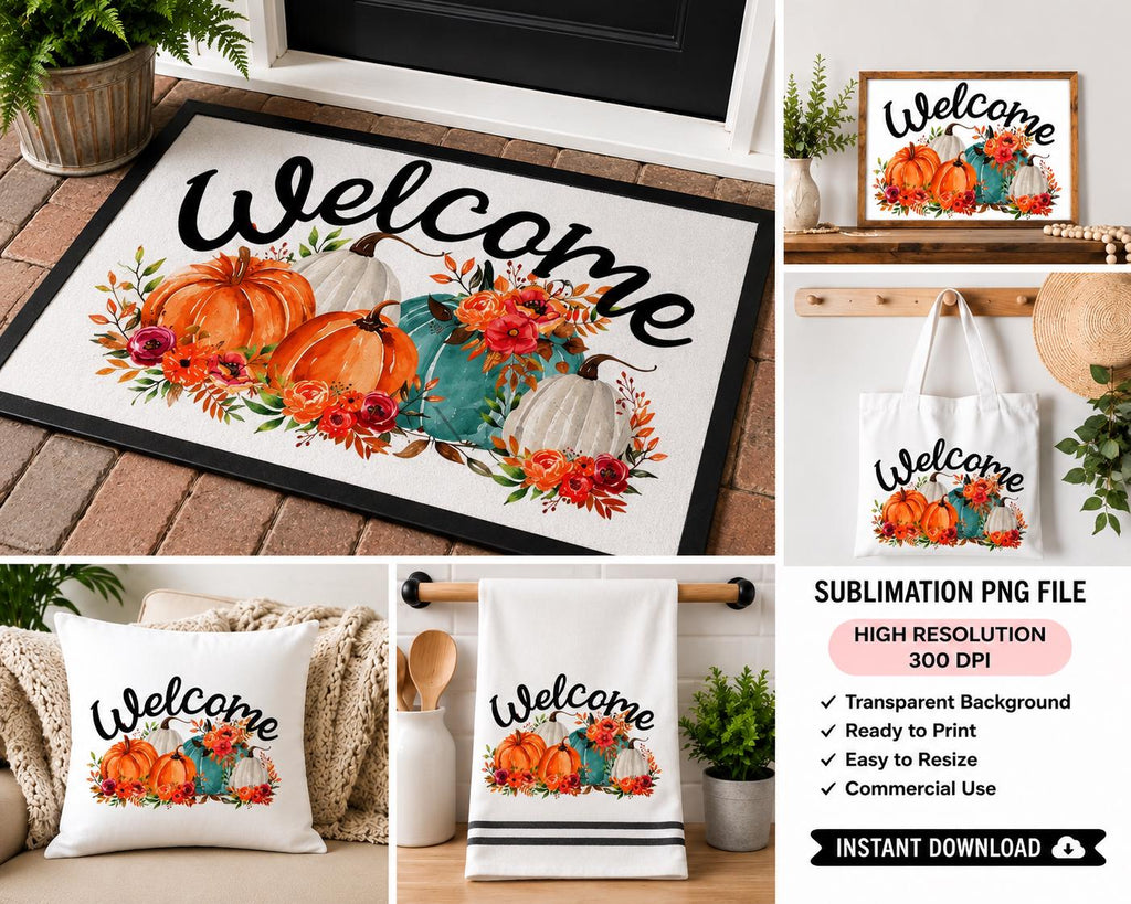 Fall Welcome Pumpkin Sublimation PNG, Autumn Porch Decor Design, Pumpkin Floral PNG, Doormat Towel Pillow Design