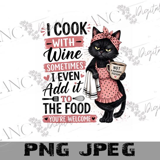 Funny Cat Kitchen Sublimation PNG, I Cook With Wine PNG, Sarcastic Kitchen Towel Design, Cat Cooking PNG, Funny Kitchen Decor, Towel Design