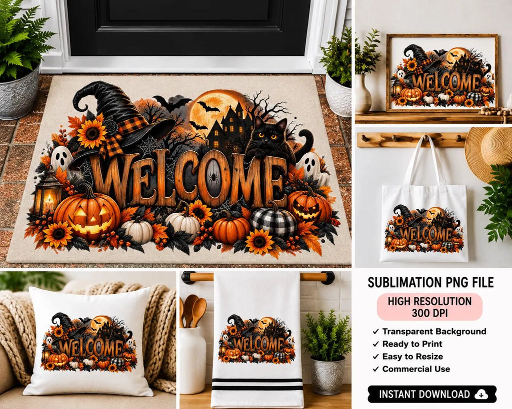 Halloween Doormat Sublimation PNG, Welcome Halloween Door Mat Design, Spooky Porch Decor, Witch Hat Pumpkin PNG, Instant Digital Download
