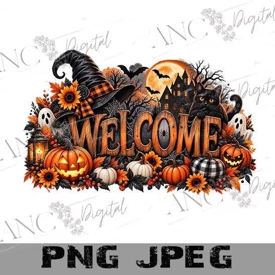 Halloween Doormat Sublimation PNG, Welcome Halloween Door Mat Design, Spooky Porch Decor, Witch Hat Pumpkin PNG, Instant Digital Download