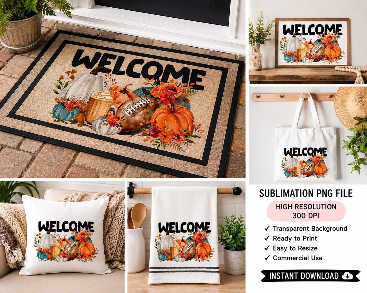 Fall Welcome Sublimation PNG, Pumpkin Football Floral Design, Autumn Porch Sign , doormat and much more. Digital Download