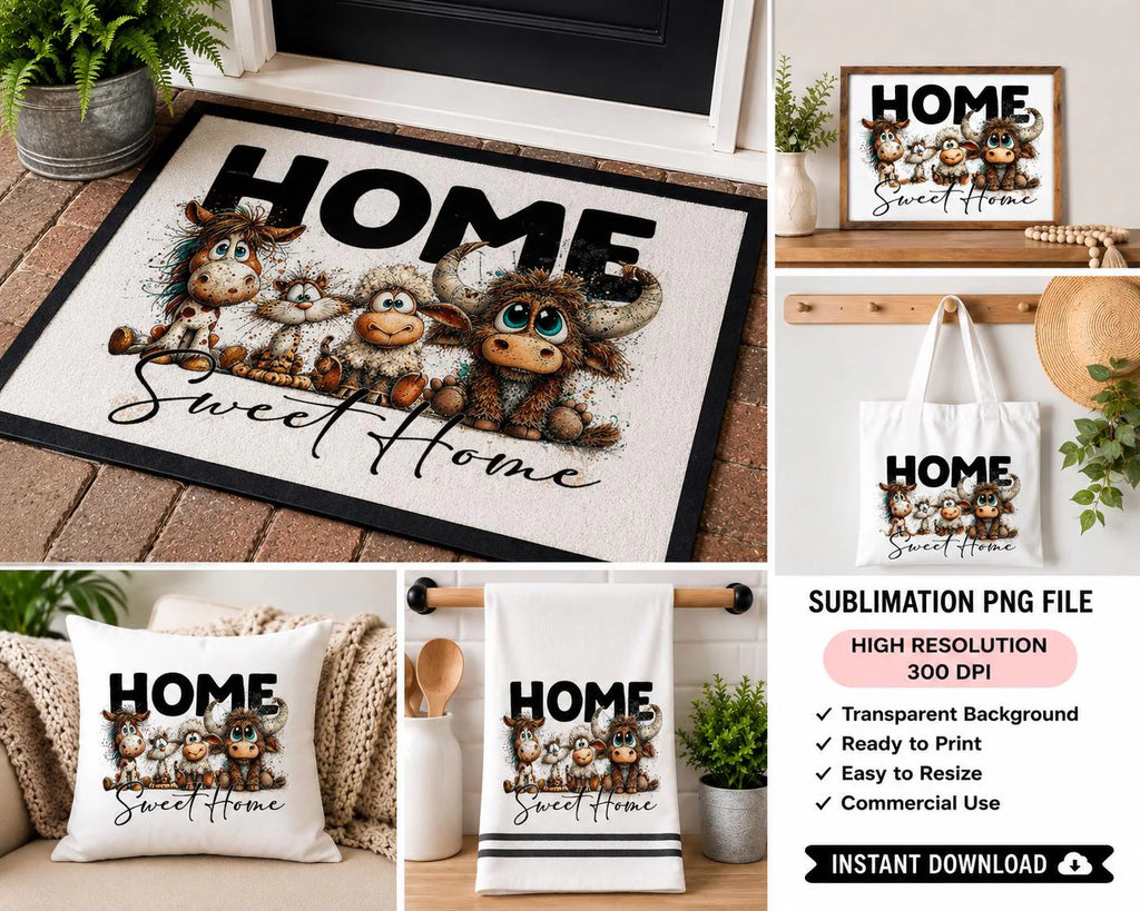 Home Sweet Home Sublimation PNG, Farmhouse Animals, Highland Cow PNG, Farm Animal , Welcome Home Doormat