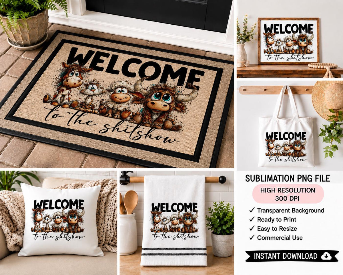 Welcome to the Shitshow PNG, Funny Farmhouse Sublimation Design, Cow Chicken Sheep Horse PNG