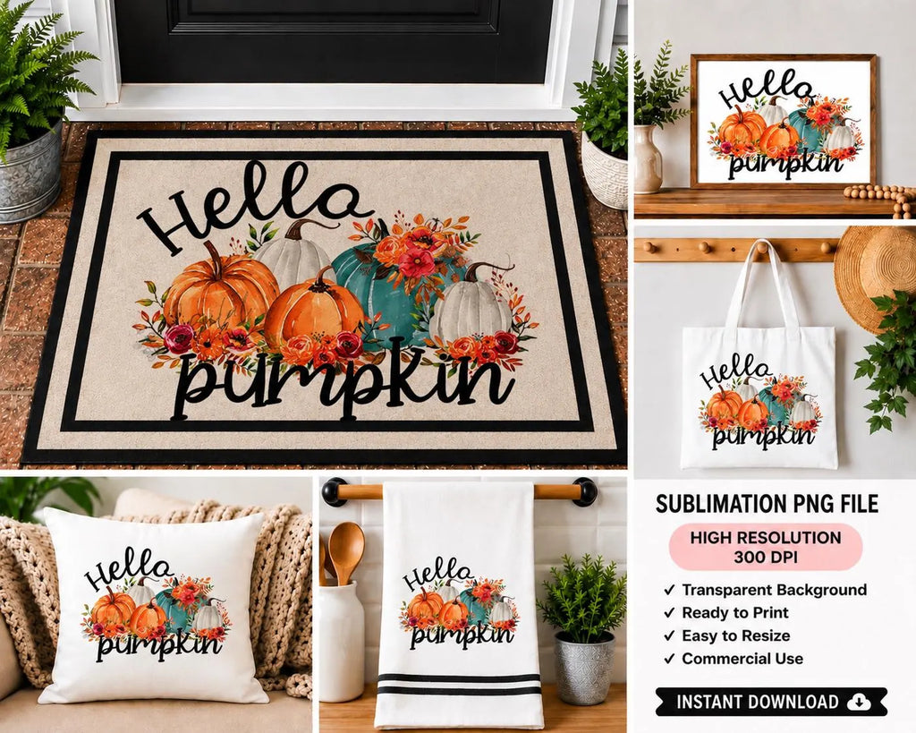 Hello Pumpkin  Door Mat Sublimation design, Front Door welcome mat, Sublimation Design. creates great welcome home gifts. PNG file