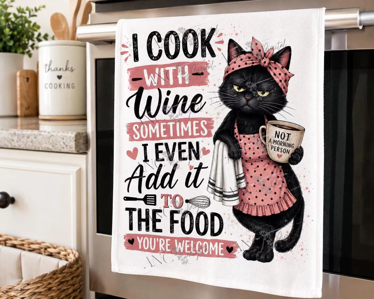 Funny Cat Kitchen Sublimation PNG, I Cook With Wine PNG, Sarcastic Kitchen Towel Design, Cat Cooking PNG, Funny Kitchen Decor, Towel Design