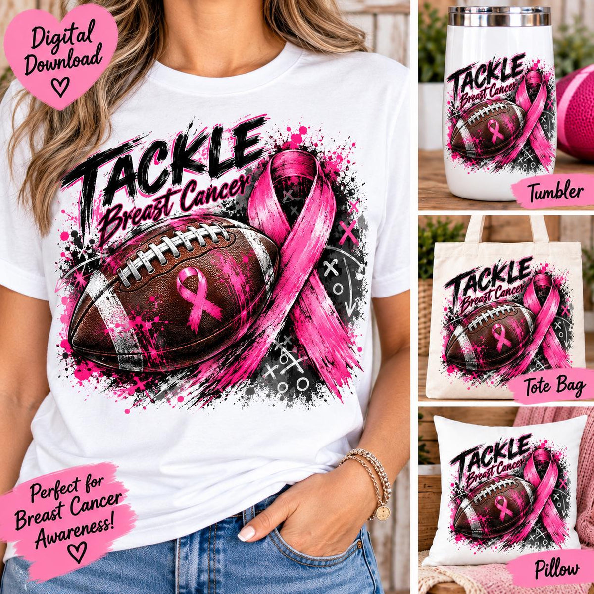 Football Breast Cancer Awareness Sublimation PNG, Tackle Breast Cancer Design, Pink Ribbon Football PNG, October Awareness Digital Download