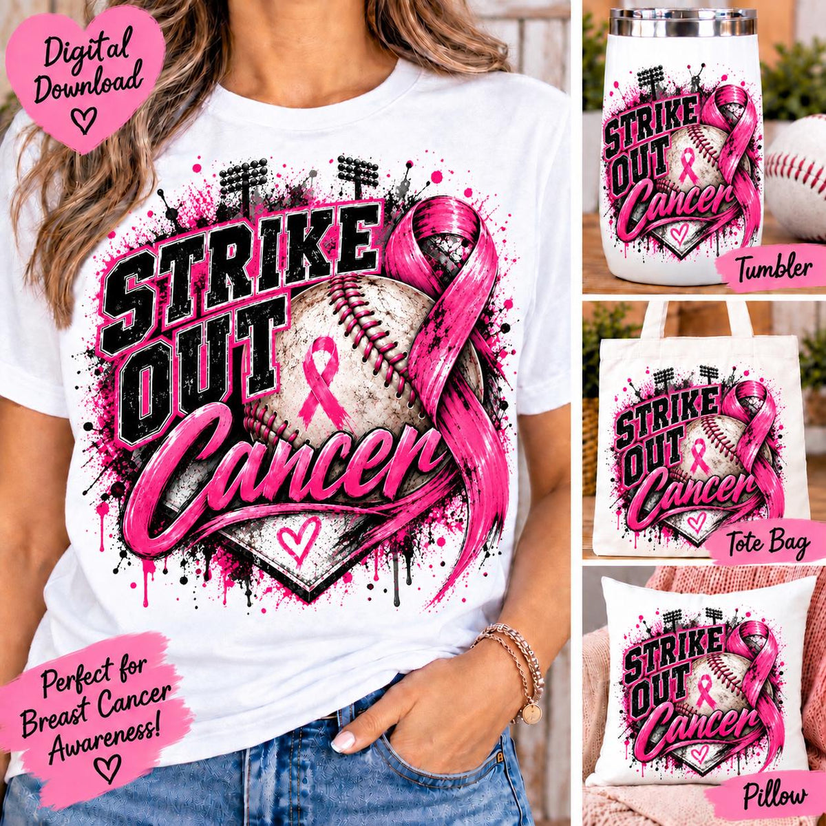 Baseball Breast Cancer Awareness PNG, Strike Out Cancer Sublimation Design, Baseball Pink Ribbon PNG, Breast Cancer Sports Download
