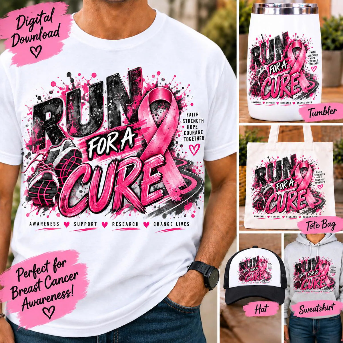 Breast Cancer Awareness PNG, Run for a Cure Sublimation, Marathon Running PNG, Pink Ribbon Cancer Awareness Shirt Design, Digital Download