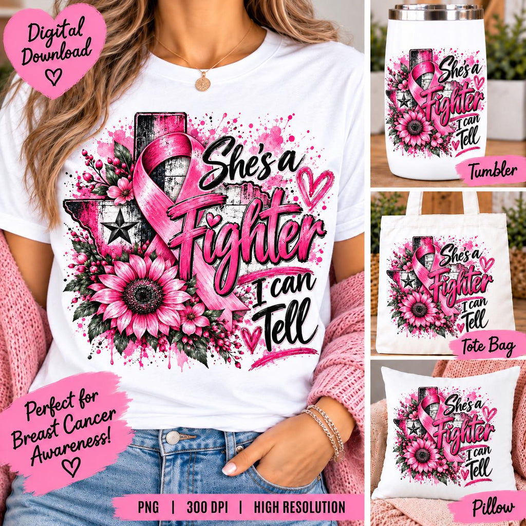Breast Cancer Texas Sublimation PNG, She’s a Fighter I Can Tell, Pink Ribbon PNG, Breast Cancer Awareness Shirt Design, Texas Cancer PNG