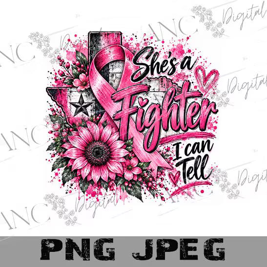 Breast Cancer Texas Sublimation PNG, She’s a Fighter I Can Tell, Pink Ribbon PNG, Breast Cancer Awareness Shirt Design, Texas Cancer PNG