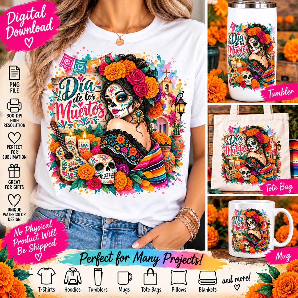 Dia de los Muertos PNG, Sugar Skull Sublimation Design, Watercolor Catrina PNG, Day of the Dead Shirt Design