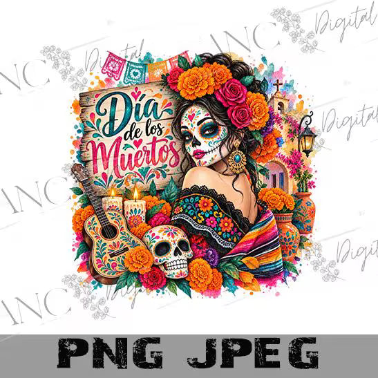 Dia de los Muertos PNG, Sugar Skull Sublimation Design, Watercolor Catrina PNG, Day of the Dead Shirt Design
