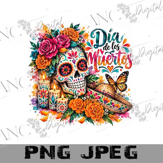 Día de los Muertos Sublimation PNG, Watercolor Sugar Skull Design, Day of the Dead Shirt Design
