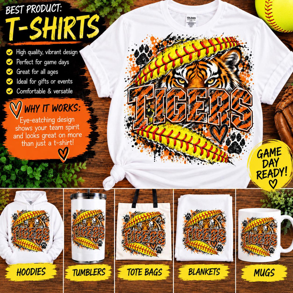 Tigers Softball PNG, Softball Team Sublimation Design, Tiger Mascot PNG, Softball Mom Shirt Design, Game Day PNG, Sports Mom Digital File