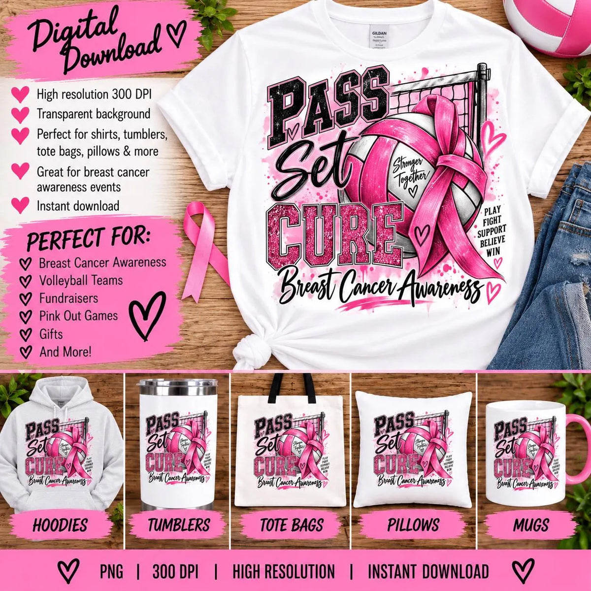 Volleyball Breast Cancer Awareness PNG, Pass Set Cure Volleyball Sublimation Design, Pink Out Volleyball Shirt, Cancer Awareness Digital