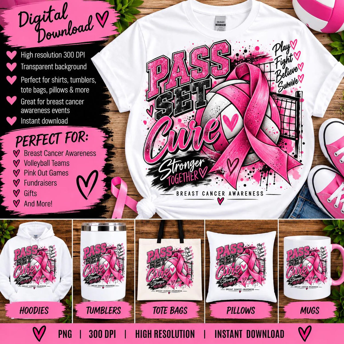 Volleyball Breast Cancer Awareness PNG, Pass Set Cure PNG, Pink Out Volleyball Sublimation, Breast Cancer Ribbon Digital Download