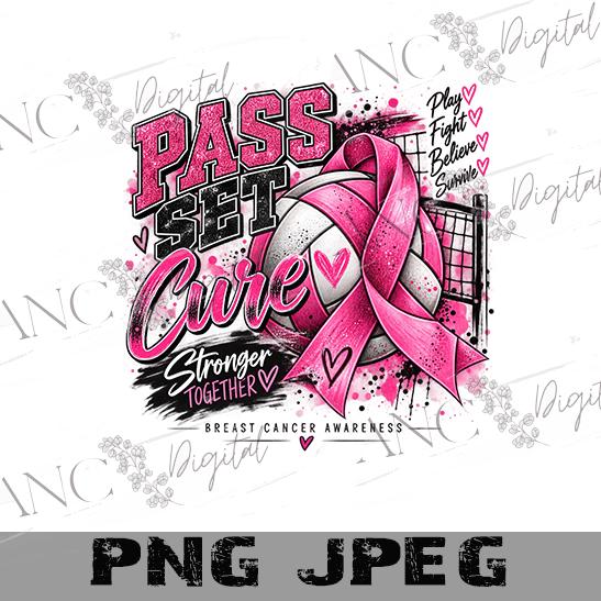 Volleyball Breast Cancer Awareness PNG, Pass Set Cure PNG, Pink Out Volleyball Sublimation, Breast Cancer Ribbon Digital Download