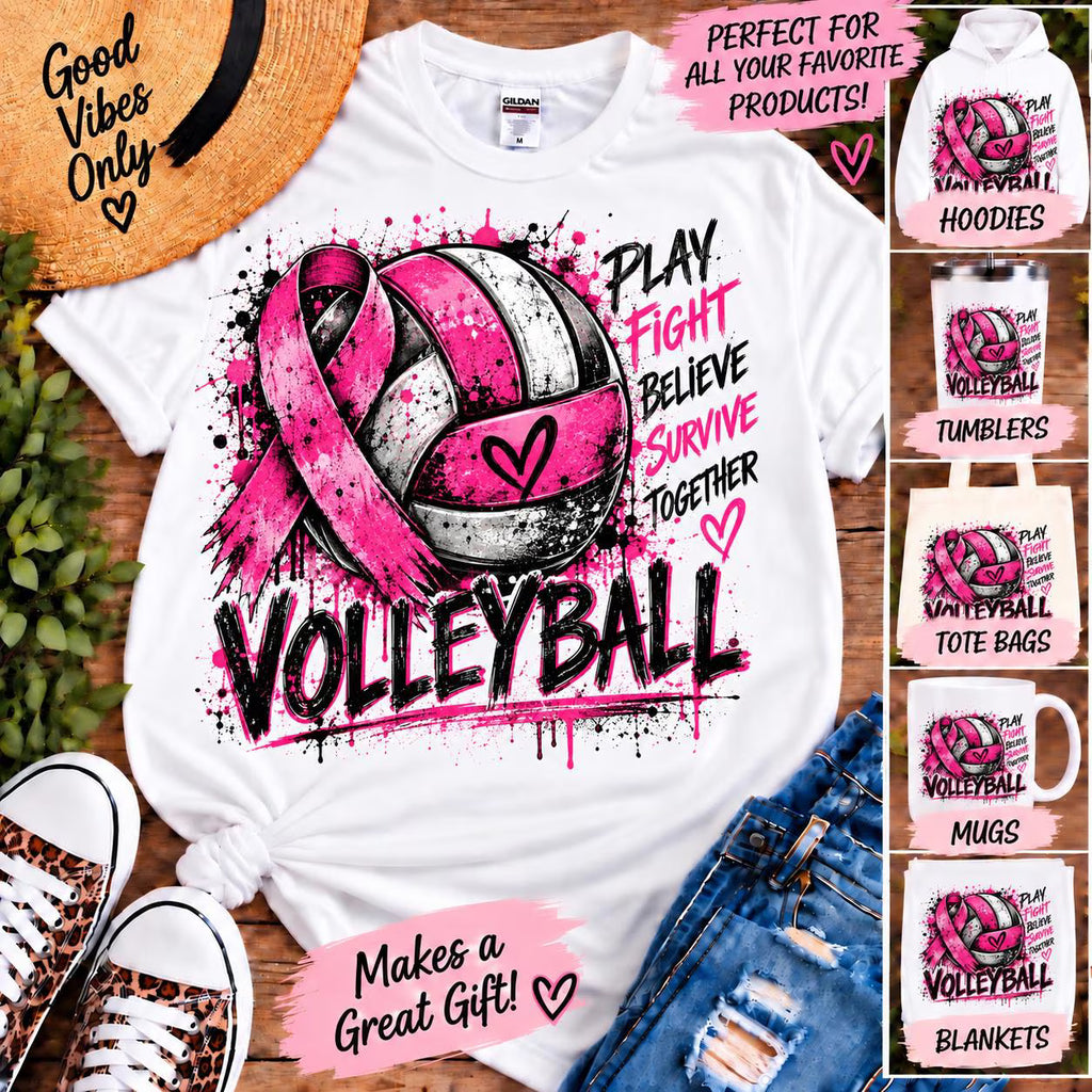Volleyball Breast Cancer Awareness PNG, Pink Ribbon Volleyball Sublimation Design, Volleyball Cancer Awareness Shirt Design, Grunge Sports