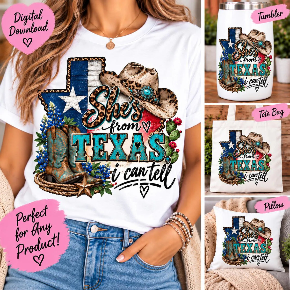 She’s From Texas I Can Tell PNG, Texas Cowgirl Sublimation Design, Western Cowgirl PNG, Texas Boots Hat PNG, Texas Girl Shirt Design