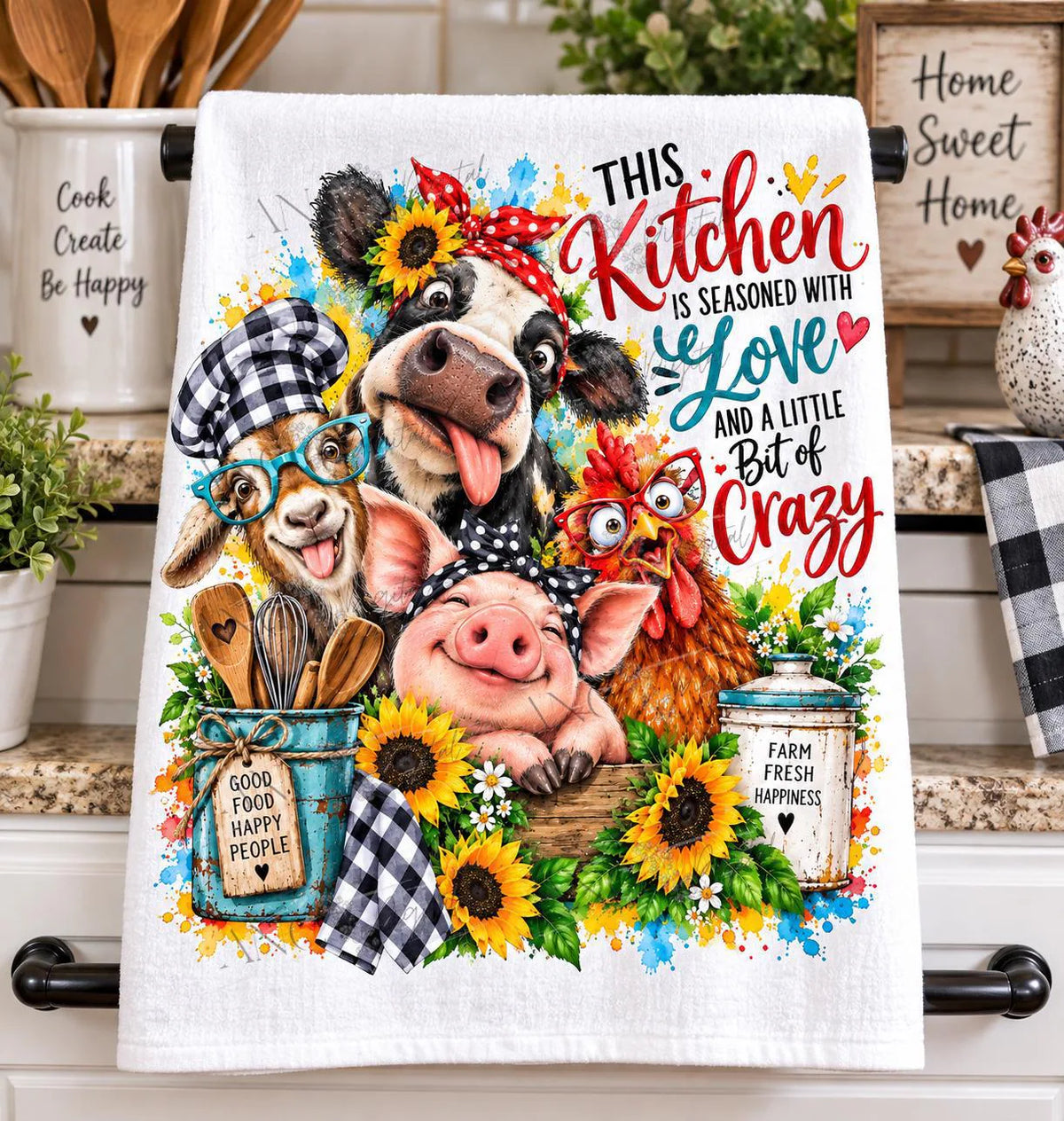 Funny Farm Animal Sublimation Design, Crazy Kitchen PNG, Farmhouse Towel Design