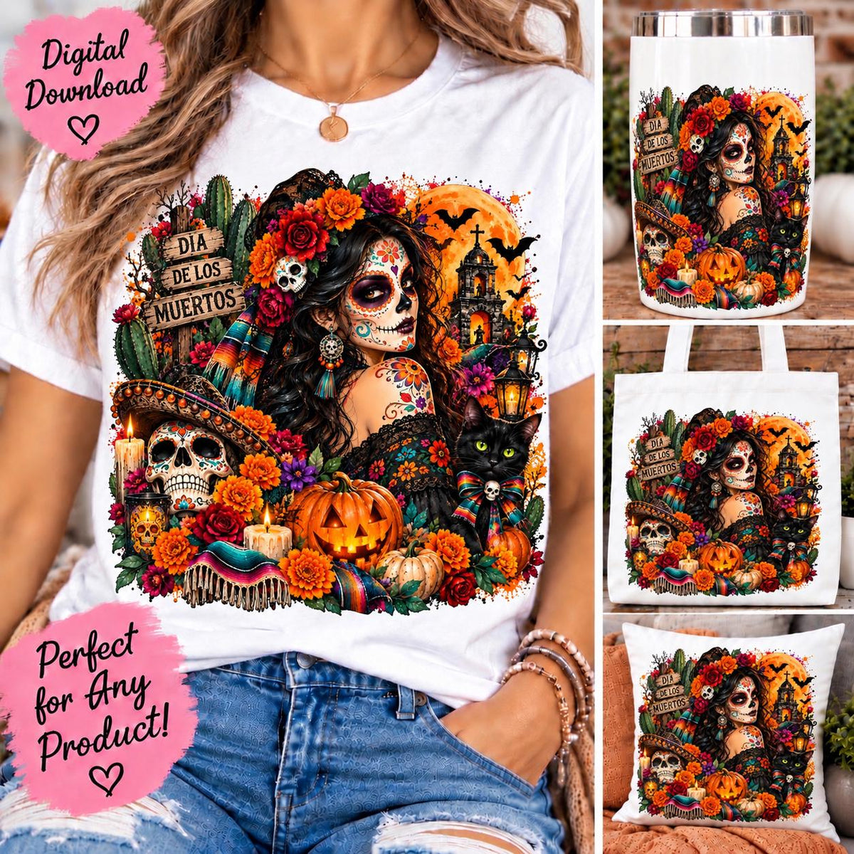 Dia de los Muertos PNG, Mexican Halloween Sublimation Design, Catrina PNG, Sugar Skull Halloween PNG, Mexican Halloween Design