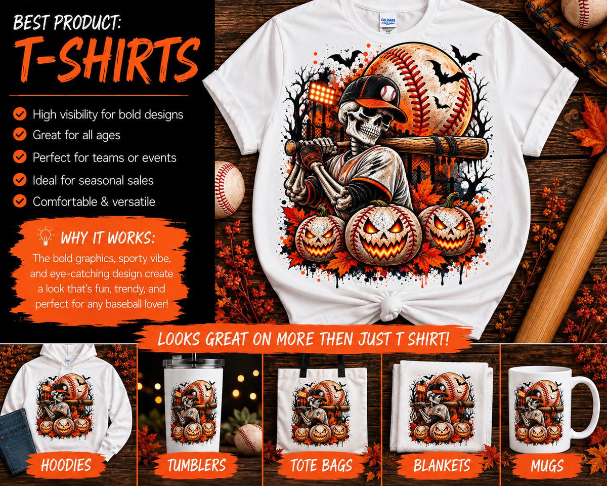 Halloween Baseball Sublimation PNG, Skeleton Baseball Player Design, Spooky Baseball Shirt Graphic, Fall Sports Digital Download