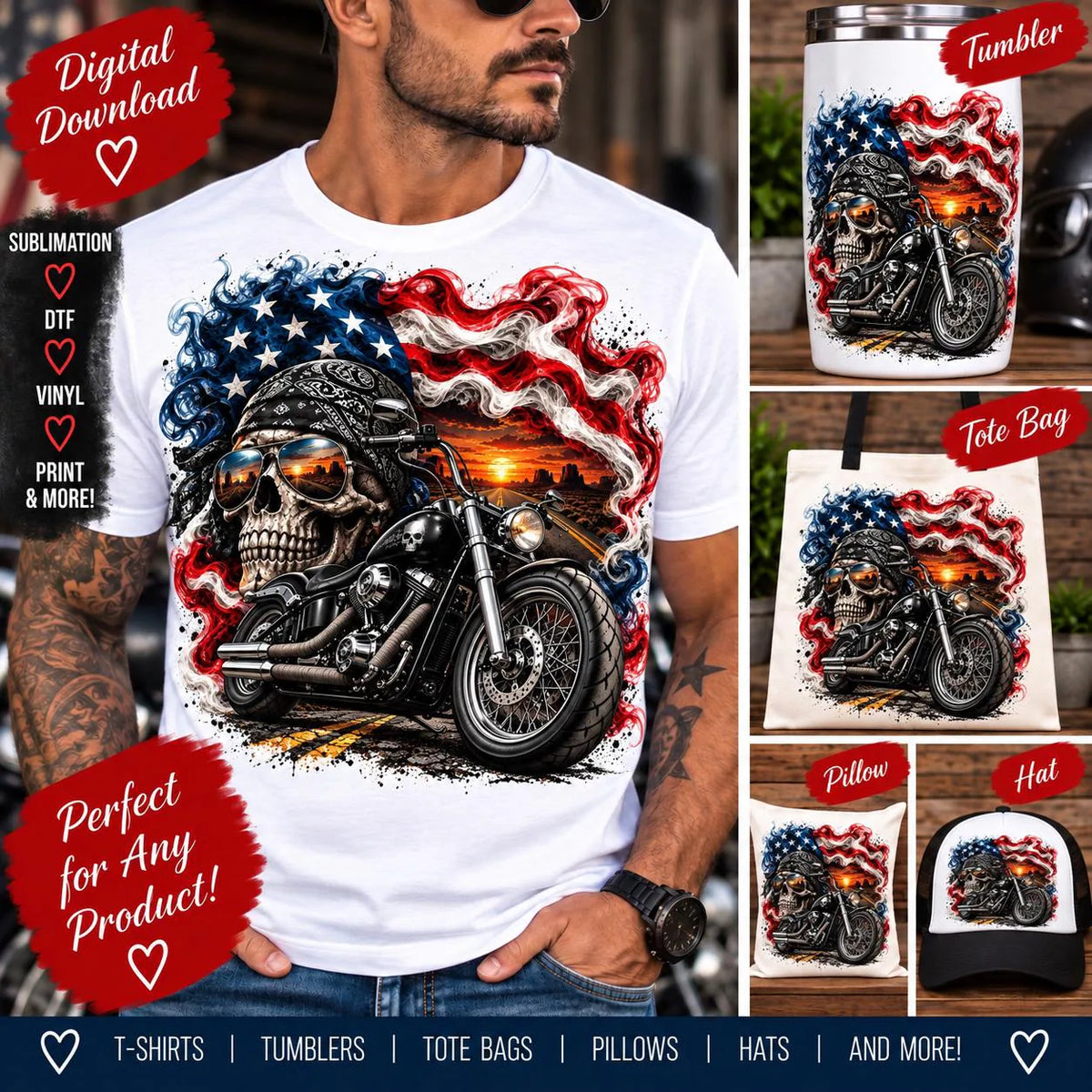 Patriotic Biker Sublimation PNG, Motorcycle Skull PNG, American Biker Shirt Design, Eagle Flag Motorcycle PNG, Grunge Rider Digital Download