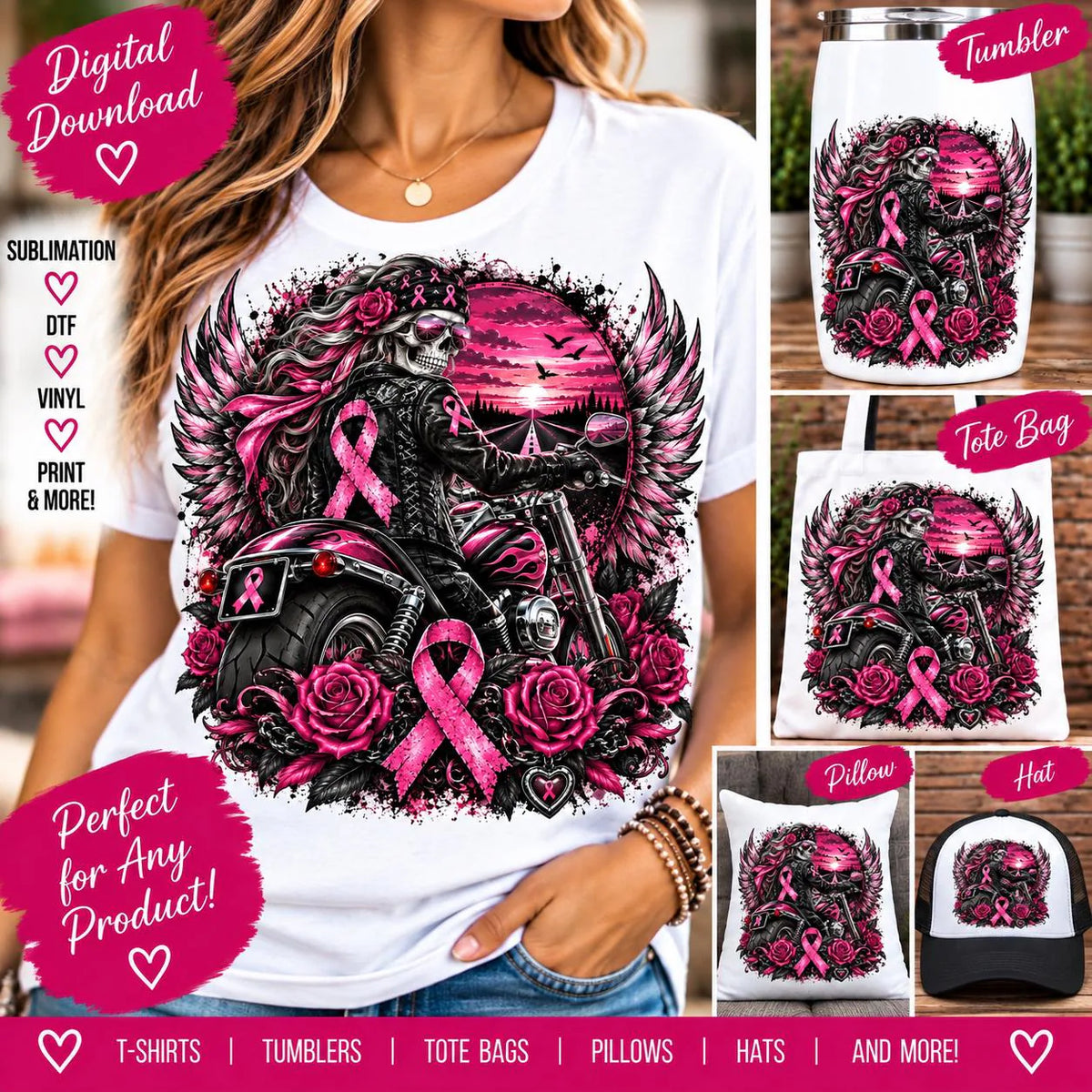 Biker Breast Cancer Awareness PNG, Pink Ribbon Motorcycle PNG, Breast Cancer Biker Sublimation, Motorcycle Skull PNG, Biker Girl download