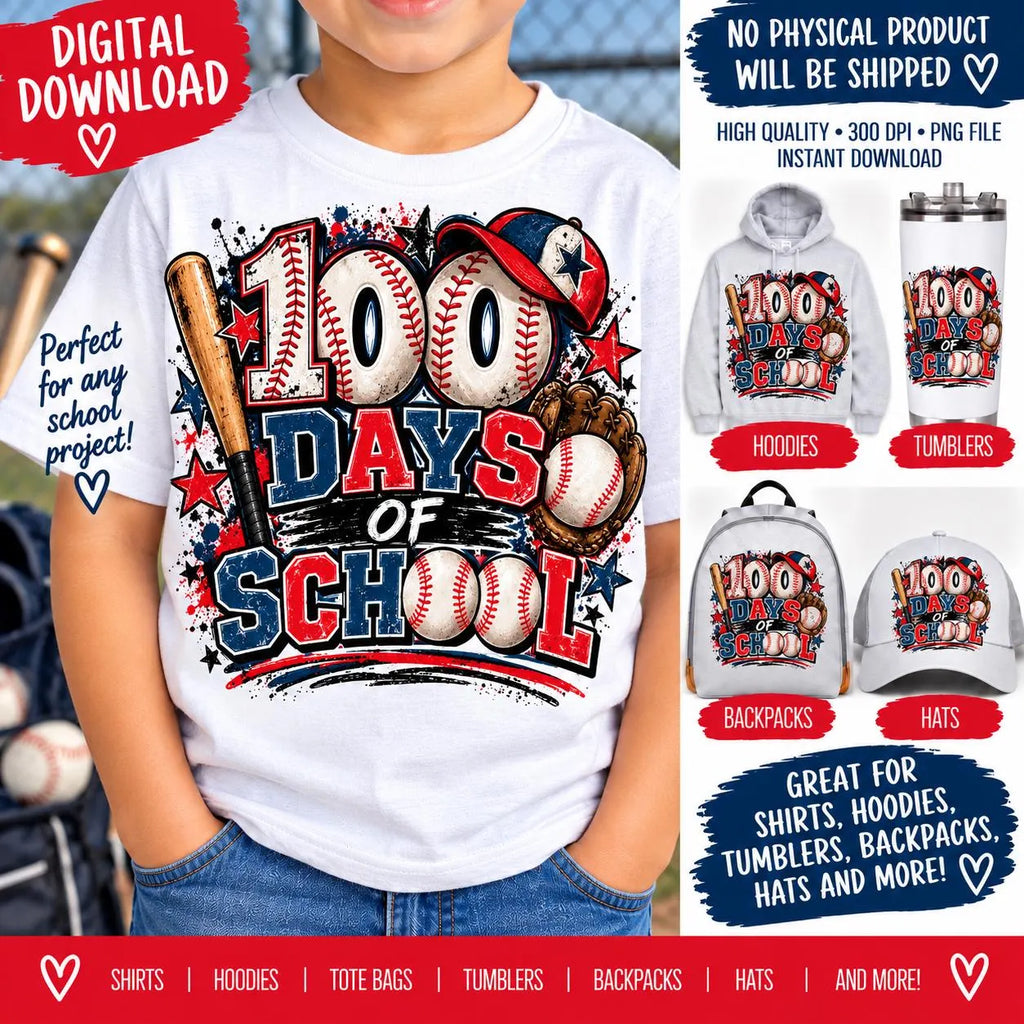 100 Days of School Baseball PNG, 100th Day School Shirt Design, Baseball School PNG, Sports Sublimation Design, Student Shirt PNG