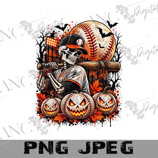 Halloween Baseball Sublimation PNG, Skeleton Baseball Player Design, Spooky Baseball Shirt Graphic, Fall Sports Digital Download