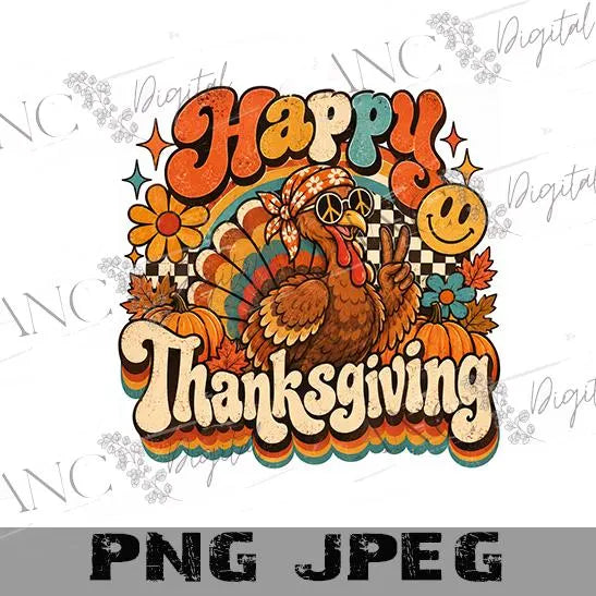 Retro Thanksgiving PNG, Vintage Turkey Sublimation Design, Groovy Fall PNG, Thanksgiving Shirt Design, 70s Turkey PNG