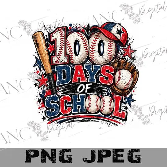 100 Days of School Baseball PNG, 100th Day School Shirt Design, Baseball School PNG, Sports Sublimation Design, Student Shirt PNG