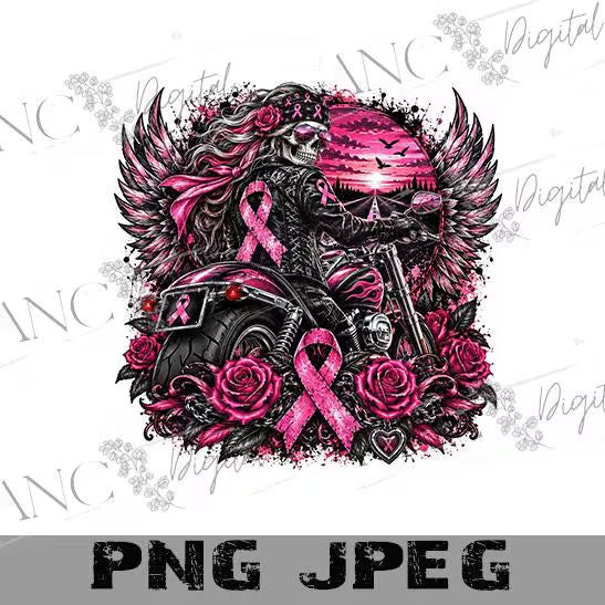 Biker Breast Cancer Awareness PNG, Pink Ribbon Motorcycle PNG, Breast Cancer Biker Sublimation, Motorcycle Skull PNG, Biker Girl download