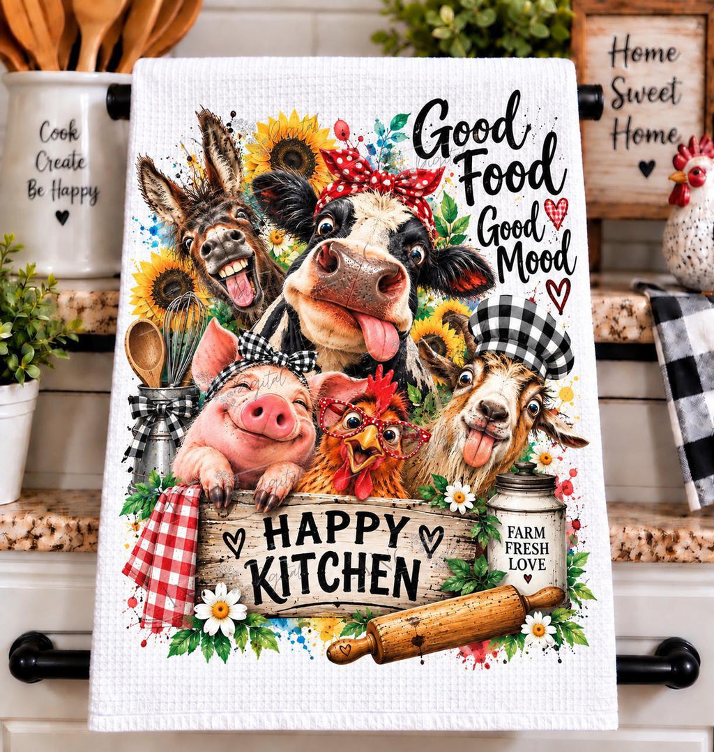 Crazy Farm Animals Sublimation PNG, Funny Kitchen Towel Design, Good Food Good Mood PNG, Farmhouse Kitchen Sublimation, Farm Animal PNG