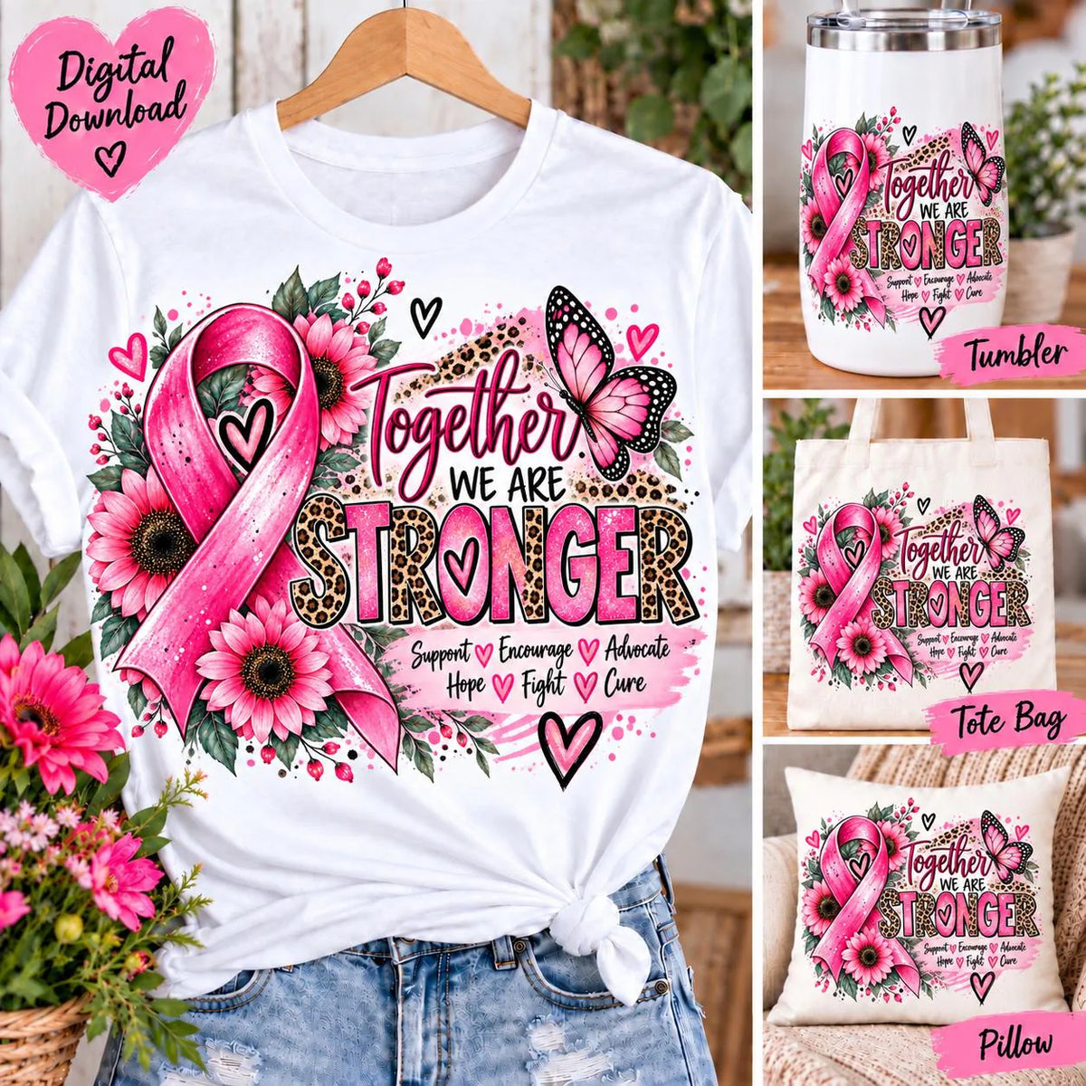 Breast Cancer Sublimation PNG, Together We Are Stronger, Pink Ribbon Awareness Design, Digital Download