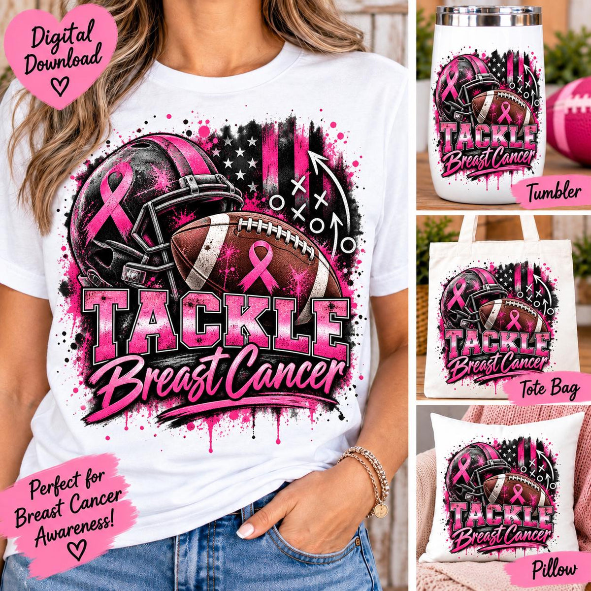 Football Breast Cancer Awareness PNG, Tackle Breast Cancer Sublimation Design, Pink Ribbon Football PNG, October Awareness Digital Download
