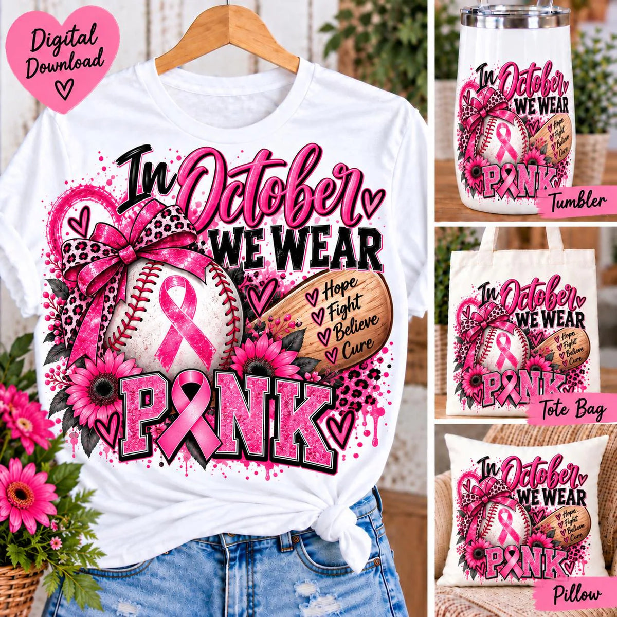 Breast Cancer Baseball PNG, In October We Wear Pink PNG, Breast Cancer Awareness Sublimation, Pink Baseball PNG, October Shirt Design