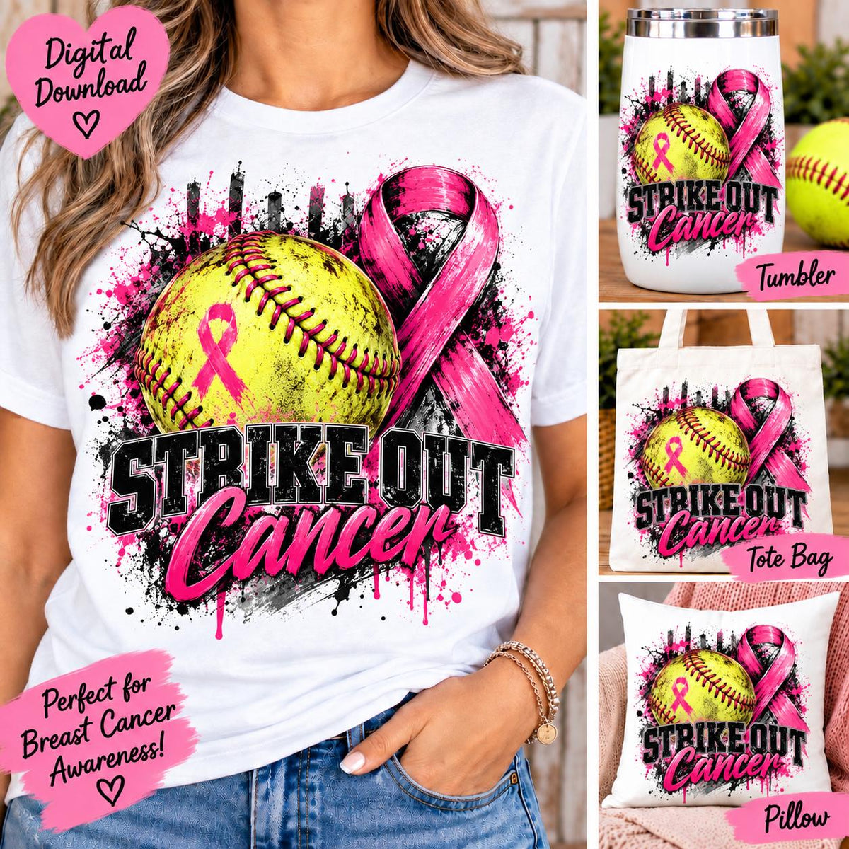 Softball Breast Cancer Awareness Sublimation PNG, Strike Out Cancer Softball Design, Pink Ribbon Sports PNG, October Awareness Digital
