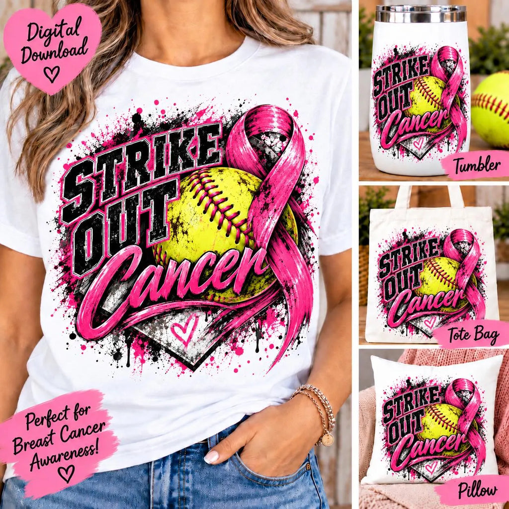 Softball Breast Cancer Awareness PNG, Strike Out Cancer Sublimation Design, Softball Pink Ribbon PNG, Breast Cancer Sports Download