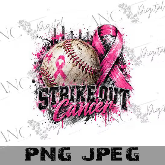 Baseball Breast Cancer Awareness Sublimation PNG, Strike Out Cancer Baseball Design, Pink Ribbon Sports PNG, October Awareness Digital