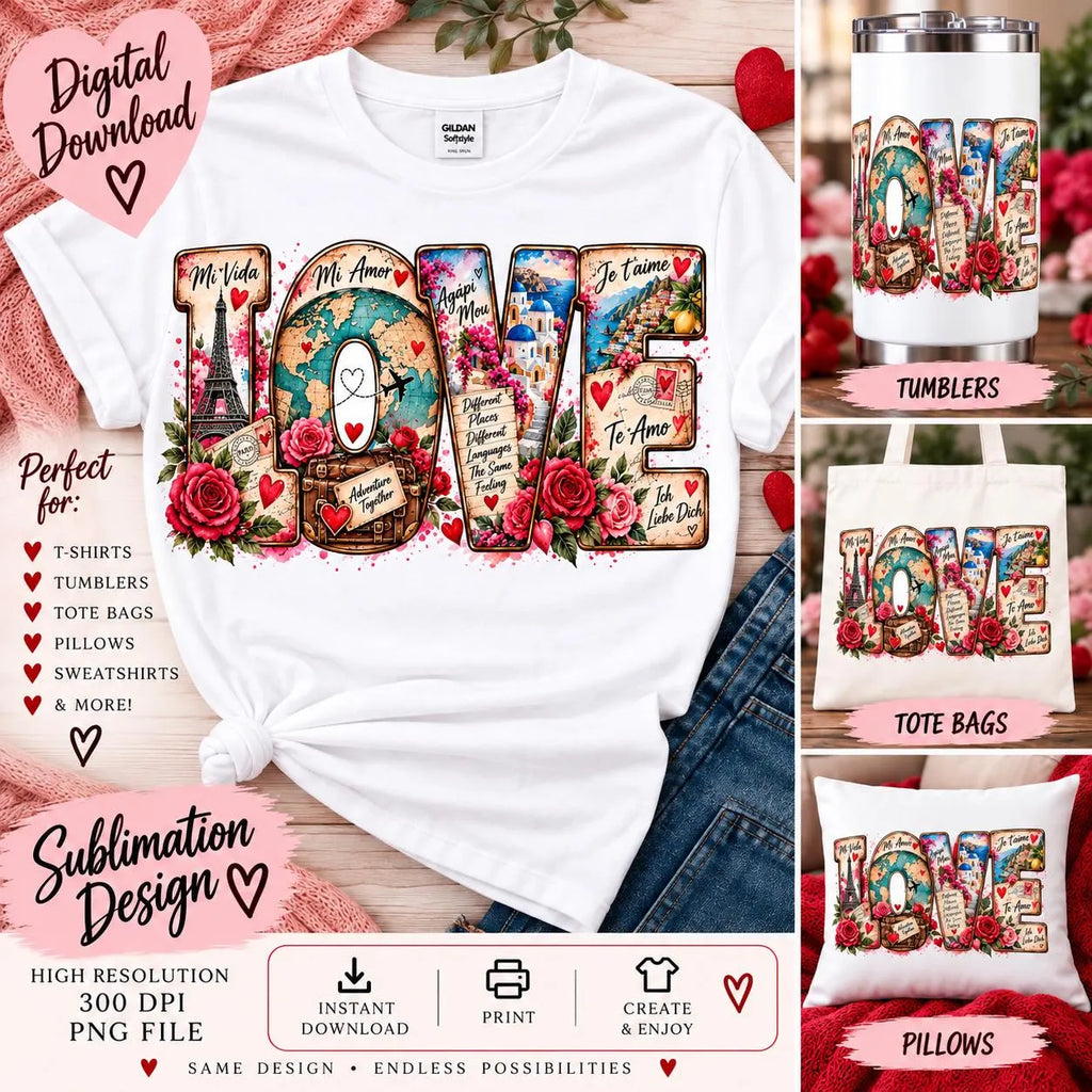Love Valentine Sublimation PNG, LOVE Travel PNG, Mi Vida Mi Amor Agapi Mou, Romantic Multilingual Love, Shirt Tumbler Design