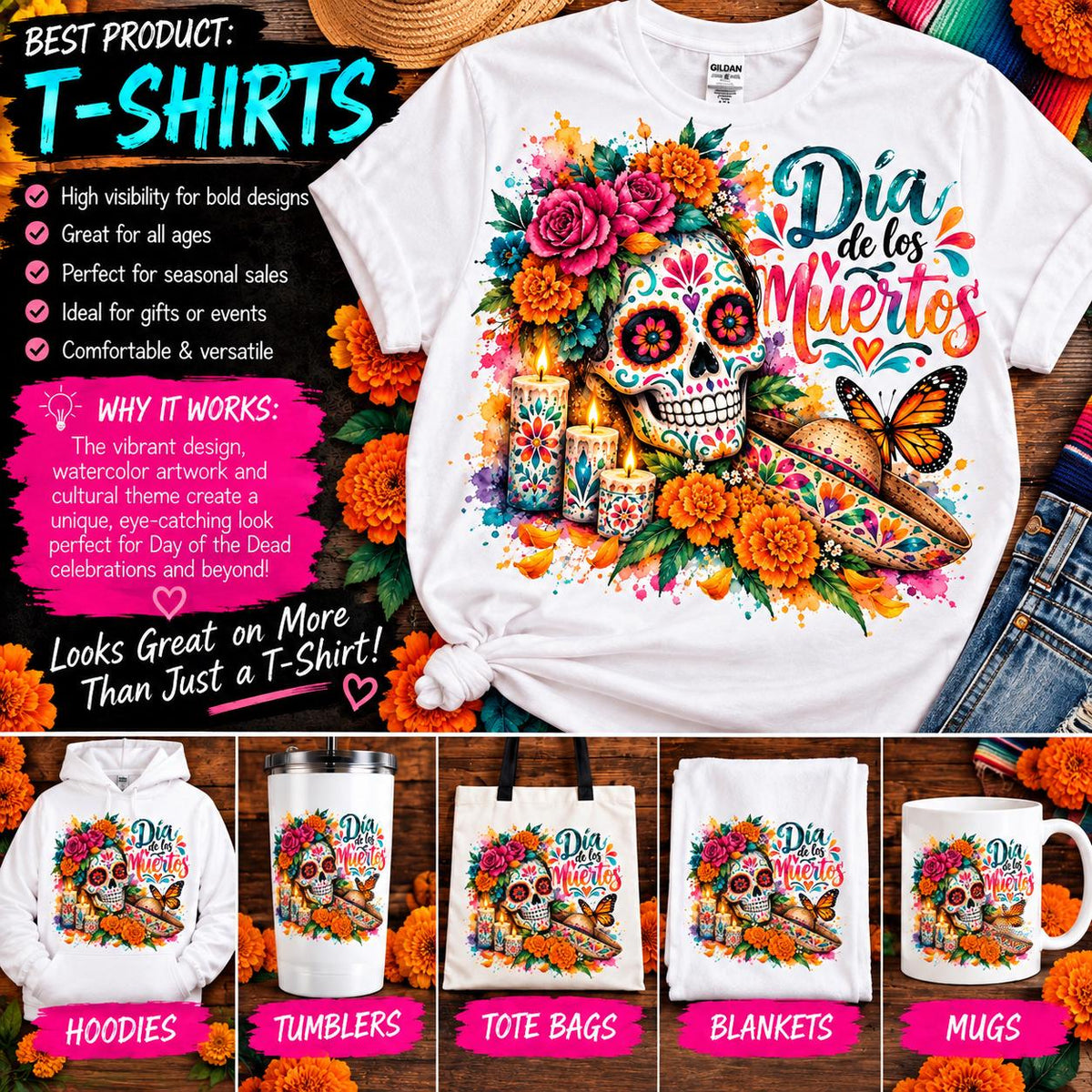 Día de los Muertos Sublimation PNG, Watercolor Sugar Skull Design, Day of the Dead Shirt Design