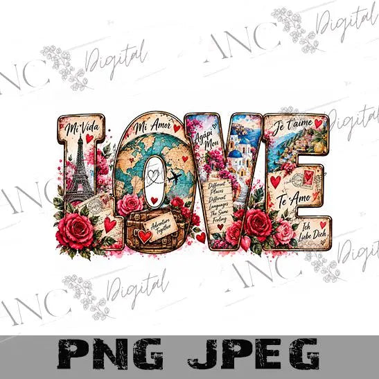 Love Valentine Sublimation PNG, LOVE Travel PNG, Mi Vida Mi Amor Agapi Mou, Romantic Multilingual Love, Shirt Tumbler Design