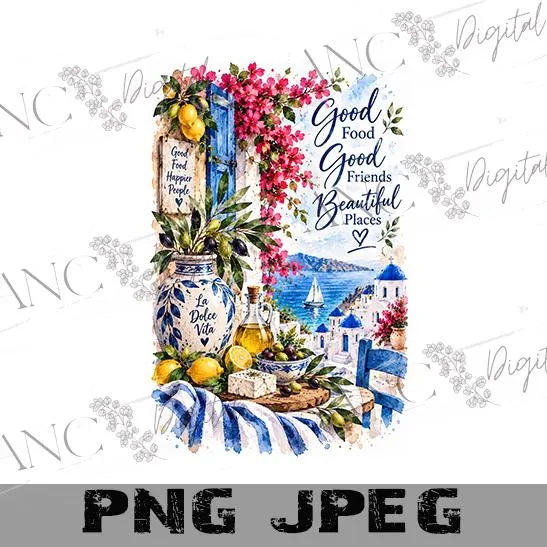 Mediterranean Kitchen Towel PNG, Greek Coastal Sublimation Design, Good Food Good Friends PNG, Santorini Digital Download