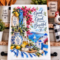 Mediterranean Kitchen Towel PNG, Greek Coastal Sublimation Design, Good Food Good Friends PNG, Santorini Digital Download